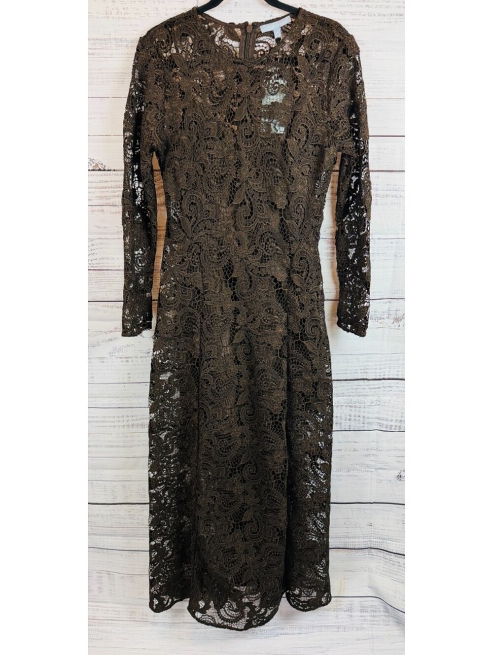 ANTONIO MELANI Susan brown chocolate guipure lace long sleeve maxi dress 4 NWT